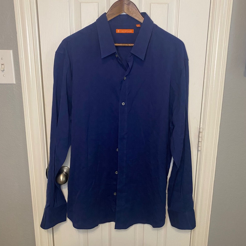 Tori Richard Mens XL Navy Blue Cotton Silk Jacquard Check Button Down Shirt